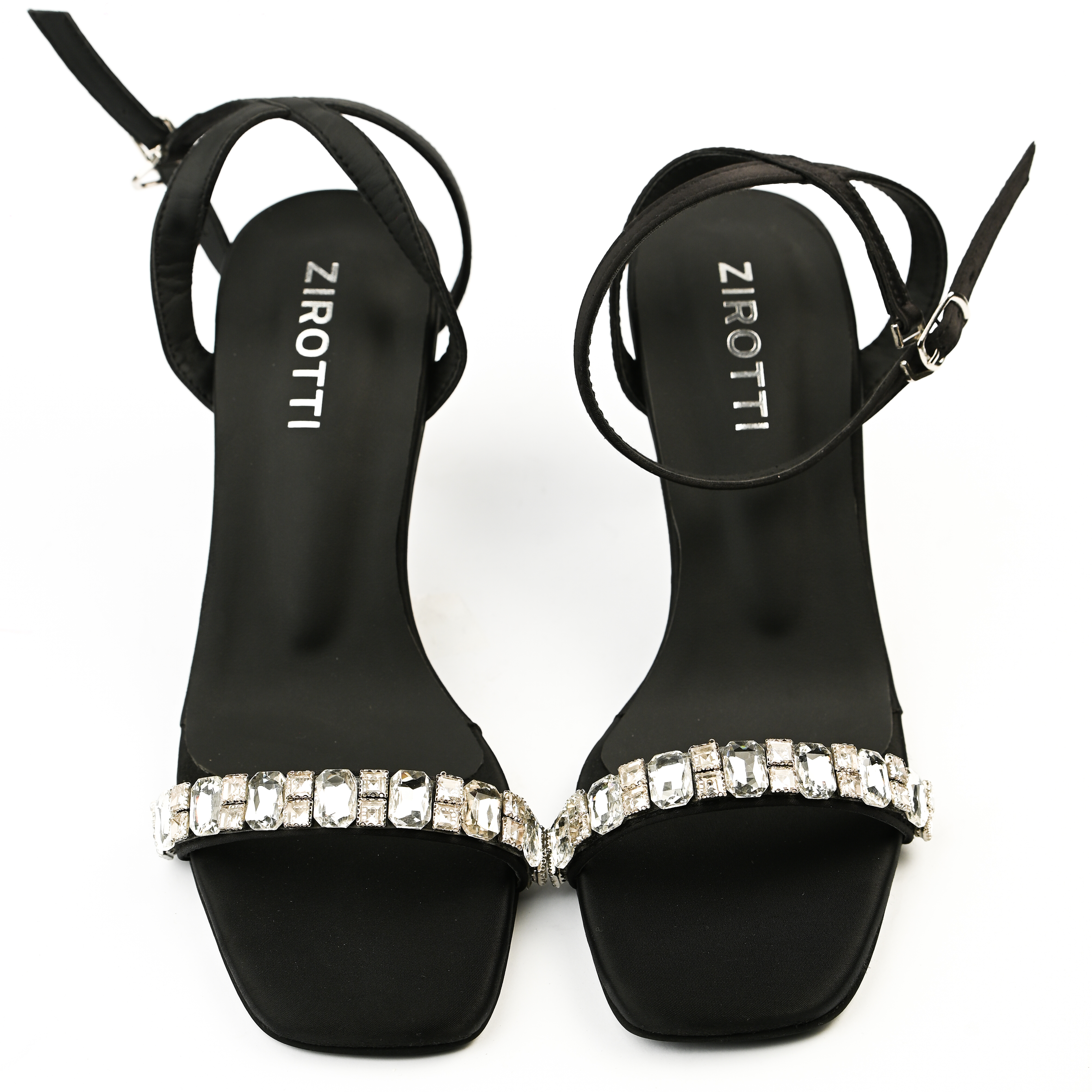 ZIROTTI elegant high heel with crystal embellishments, open-toe design, and cushioned insole.