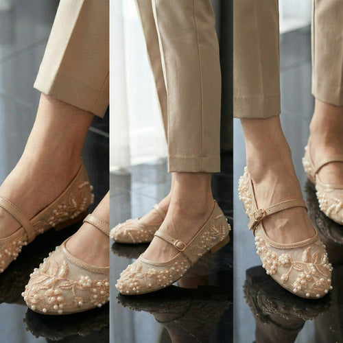 Collage of beige flats with pearl embellishments