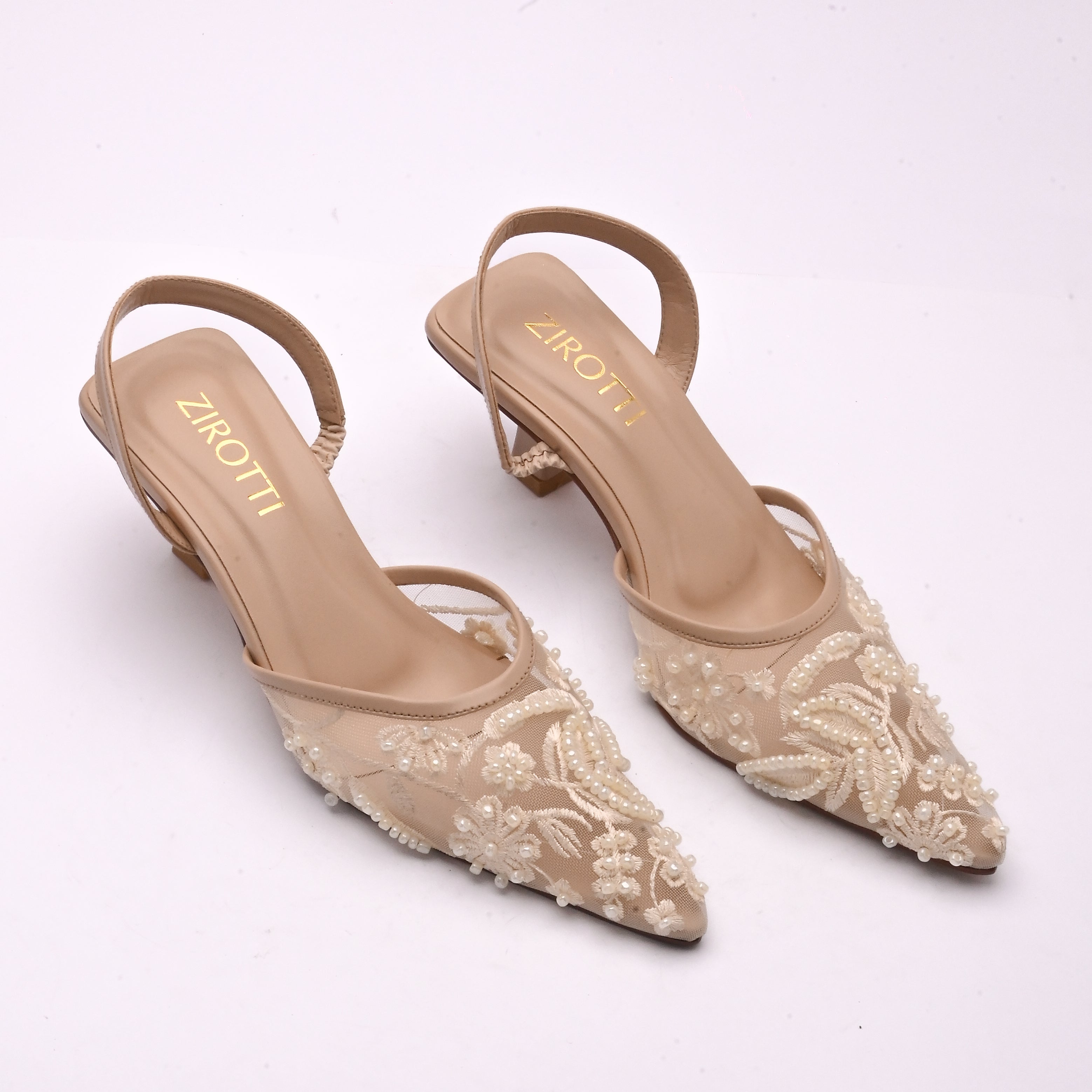 Cova Beige women’s pointed toe heels with beige finish and cushioned insole by Zirotti.