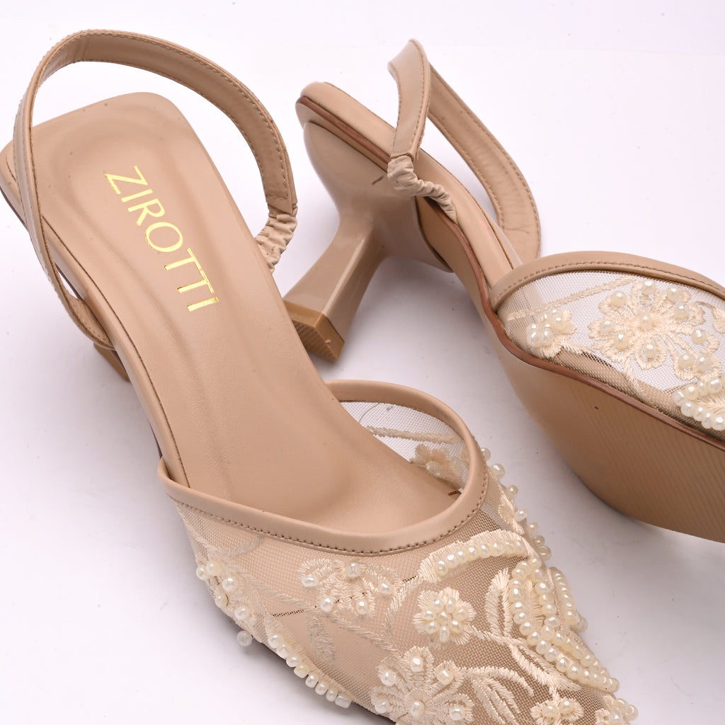 Cova Beige women’s pointed toe heels with beige finish and cushioned insole by Zirotti.