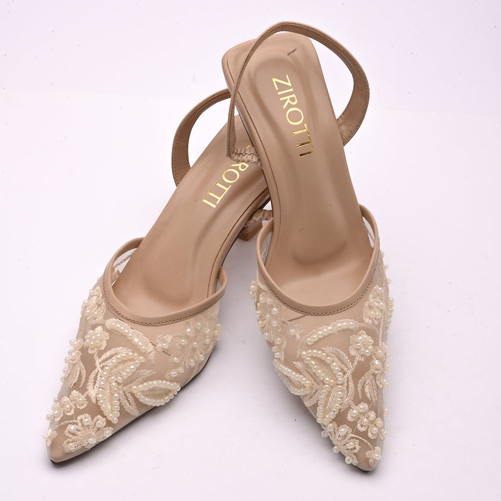 Cova Beige women’s pointed toe heels with beige finish and cushioned insole by Zirotti.