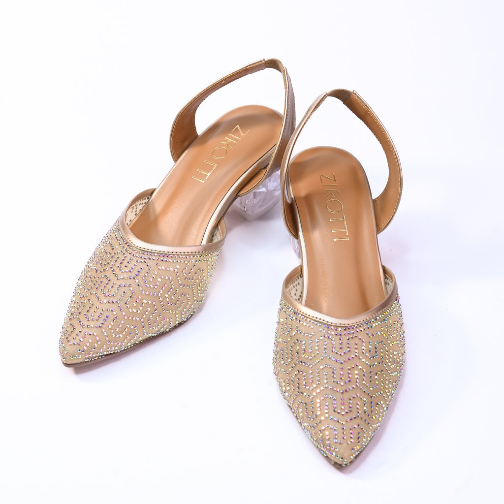 Elegant gold women’s heels with crystal straps and premium cushioned sole.