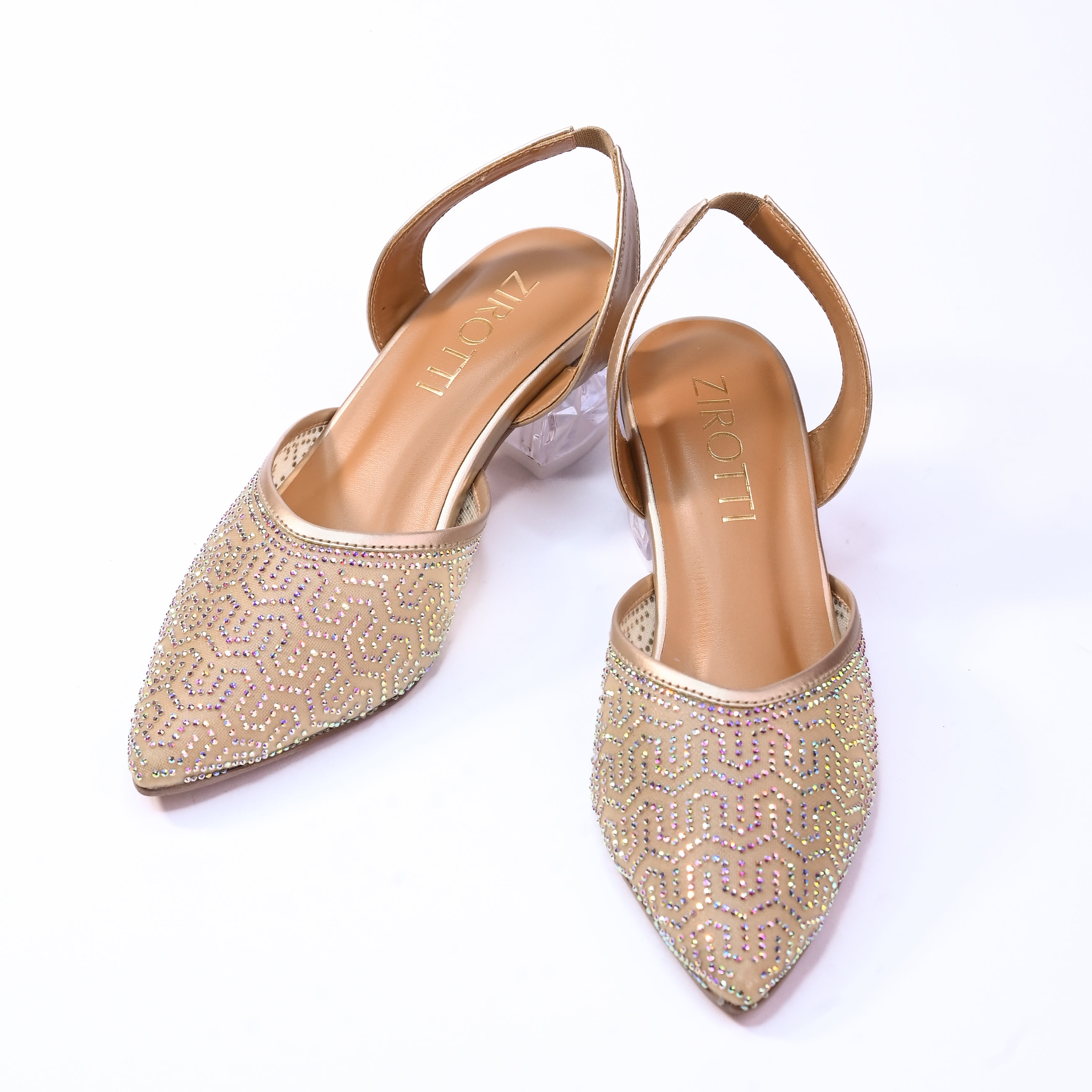 Elegant gold women’s heels with crystal straps and premium cushioned sole.