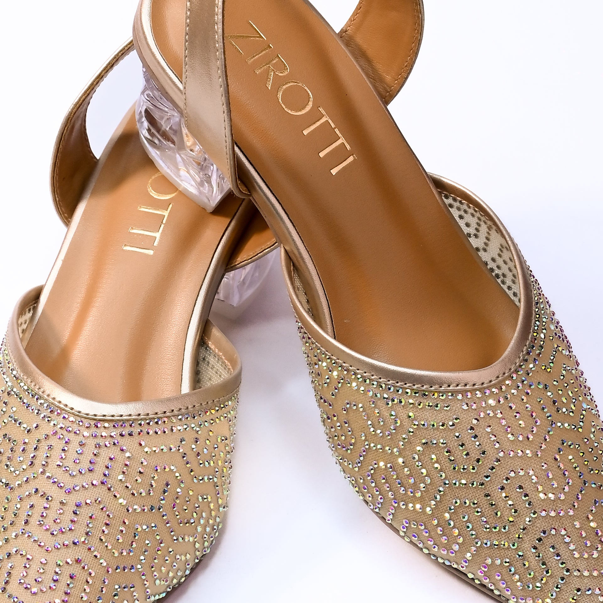 Elegant gold women’s heels with crystal straps and premium cushioned sole.