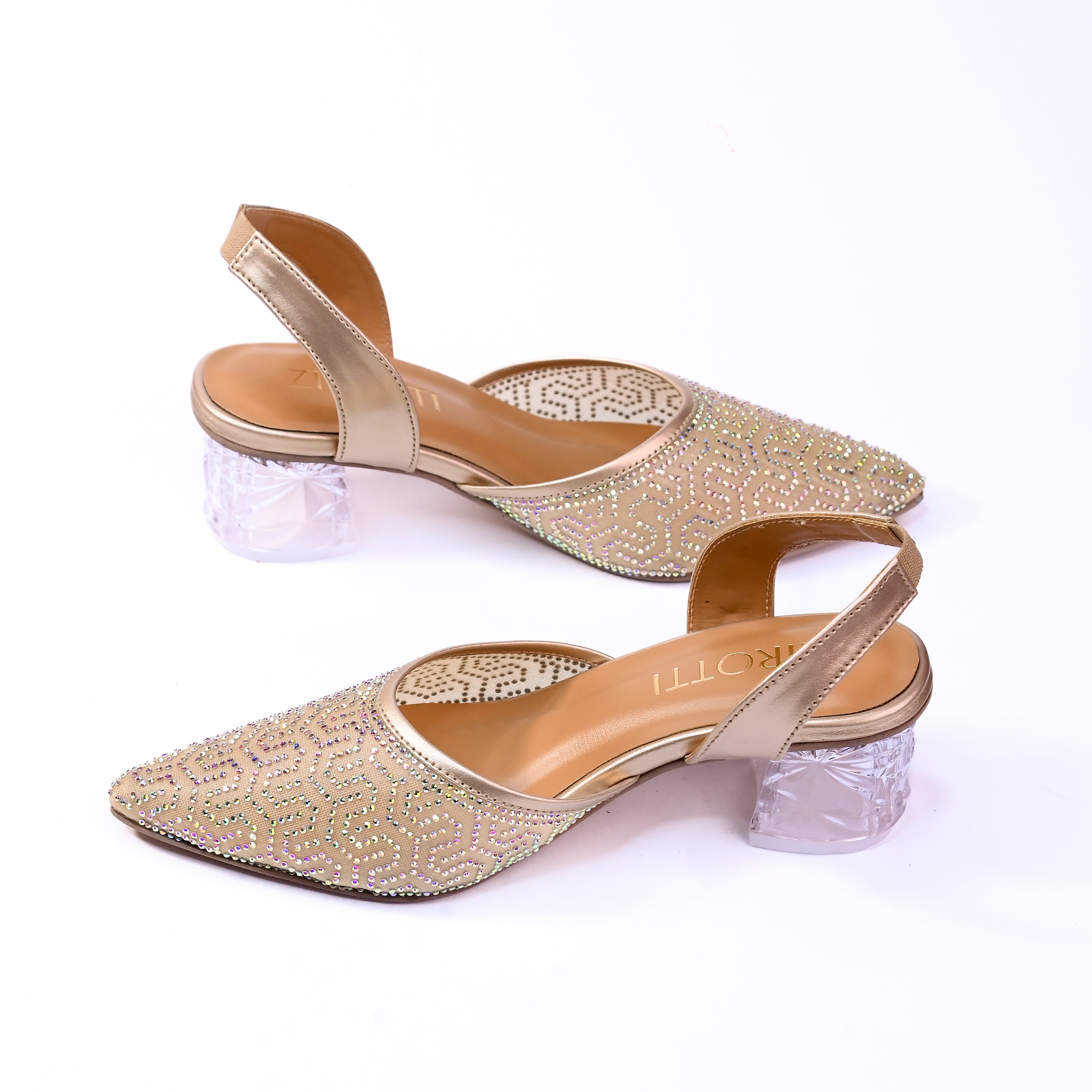 Elegant gold women’s heels with crystal straps and premium cushioned sole.