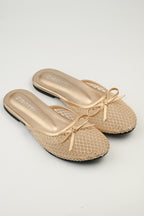 Lunara Gold women’s flat shoes with open design, cushioned insole, and stylish gold finish.