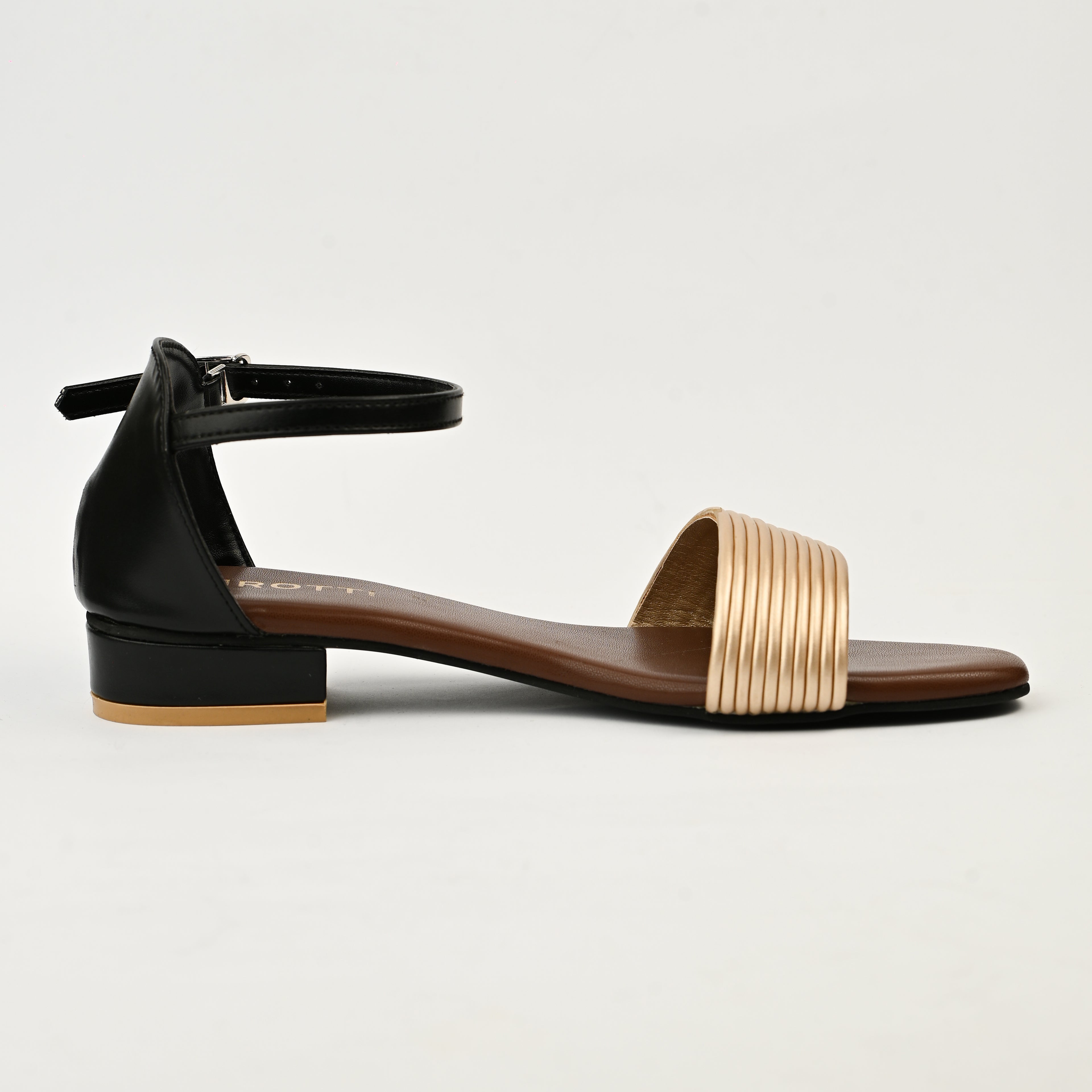 Zirotti LUNIQ women’s gold open-toe sandal with ankle strap and cushioned insole.