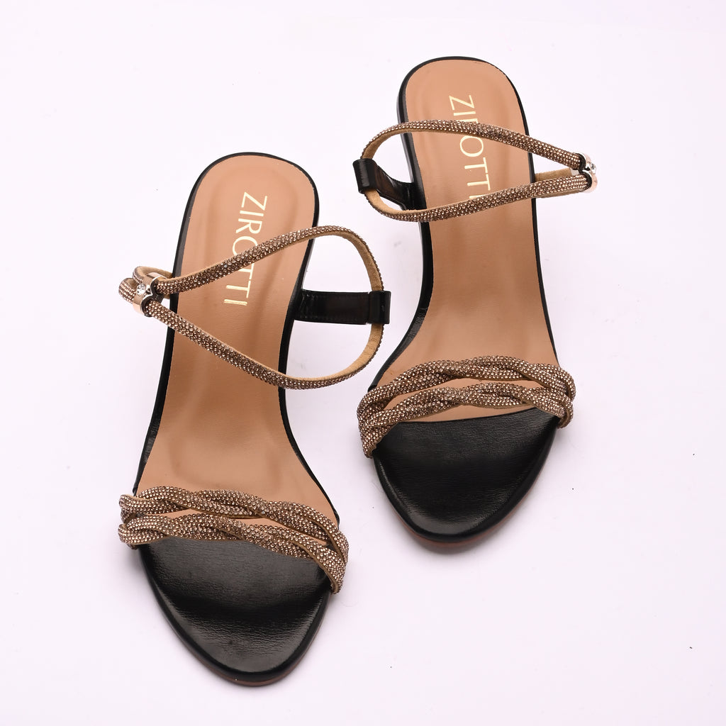 Women’s heel sandal — black strappy high‑heel with open toe and cushioned insole.