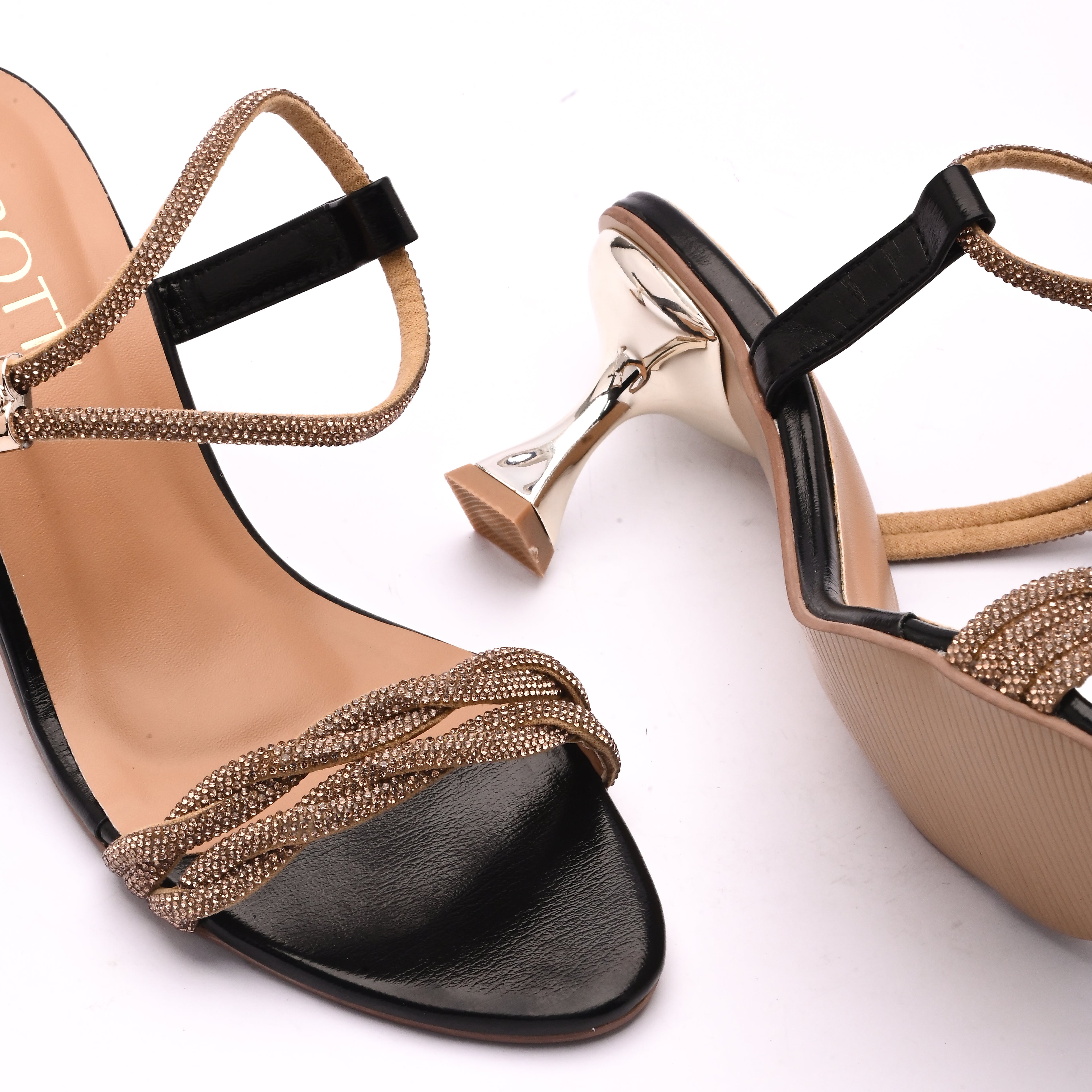 Women’s heel sandal — black strappy high‑heel with open toe and cushioned insole.