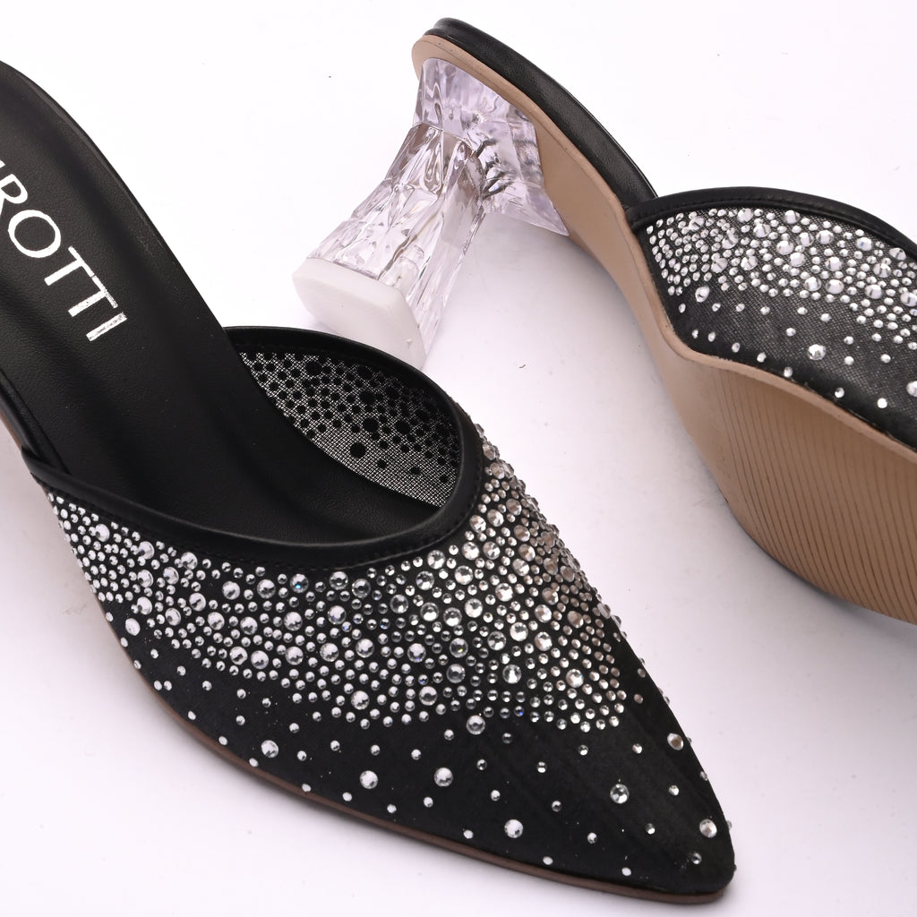 Solin Black women’s heel -black strappy high heel sandal with sparkle top and cushioned insole