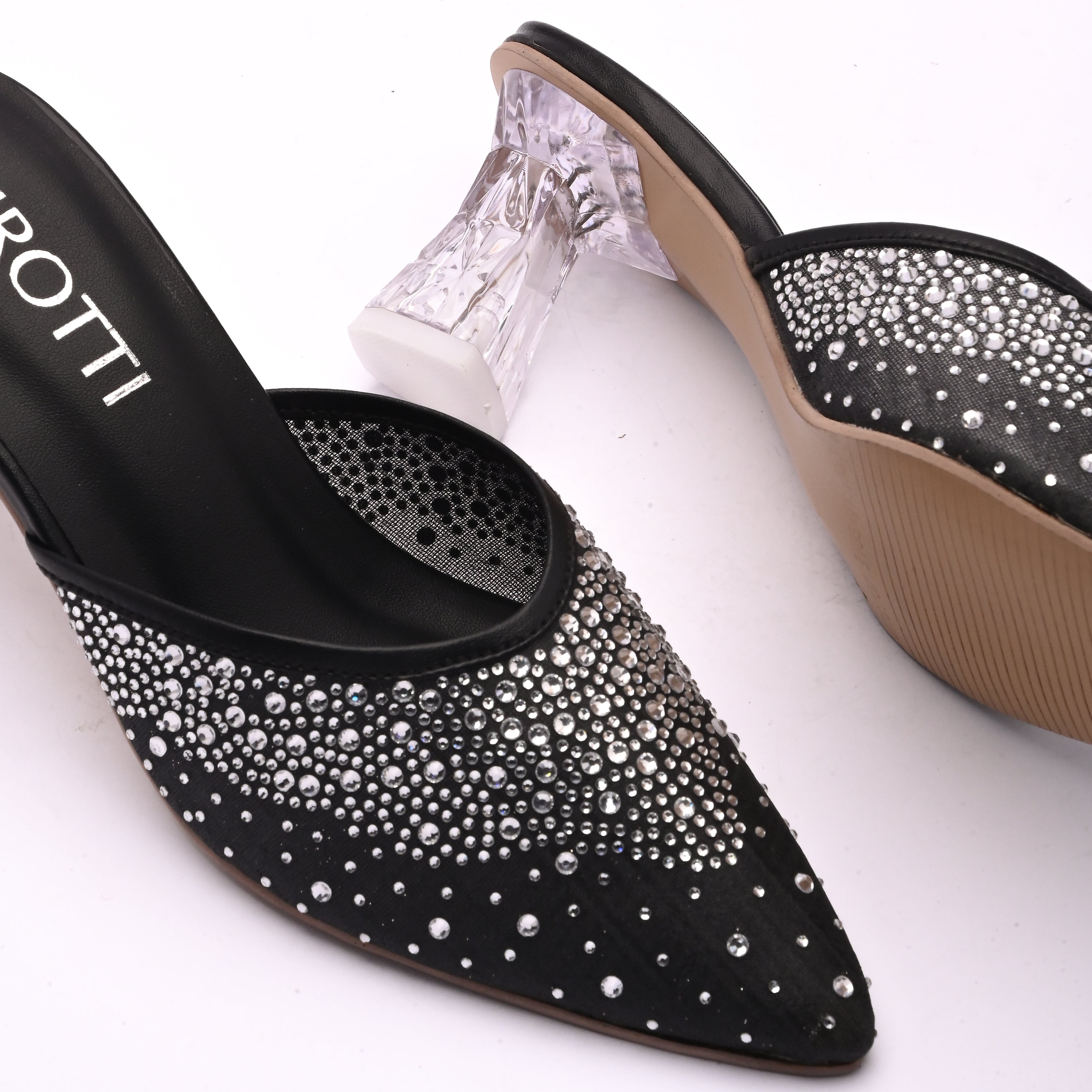 Solin Black women’s heel -black strappy high heel sandal with sparkle top and cushioned insole