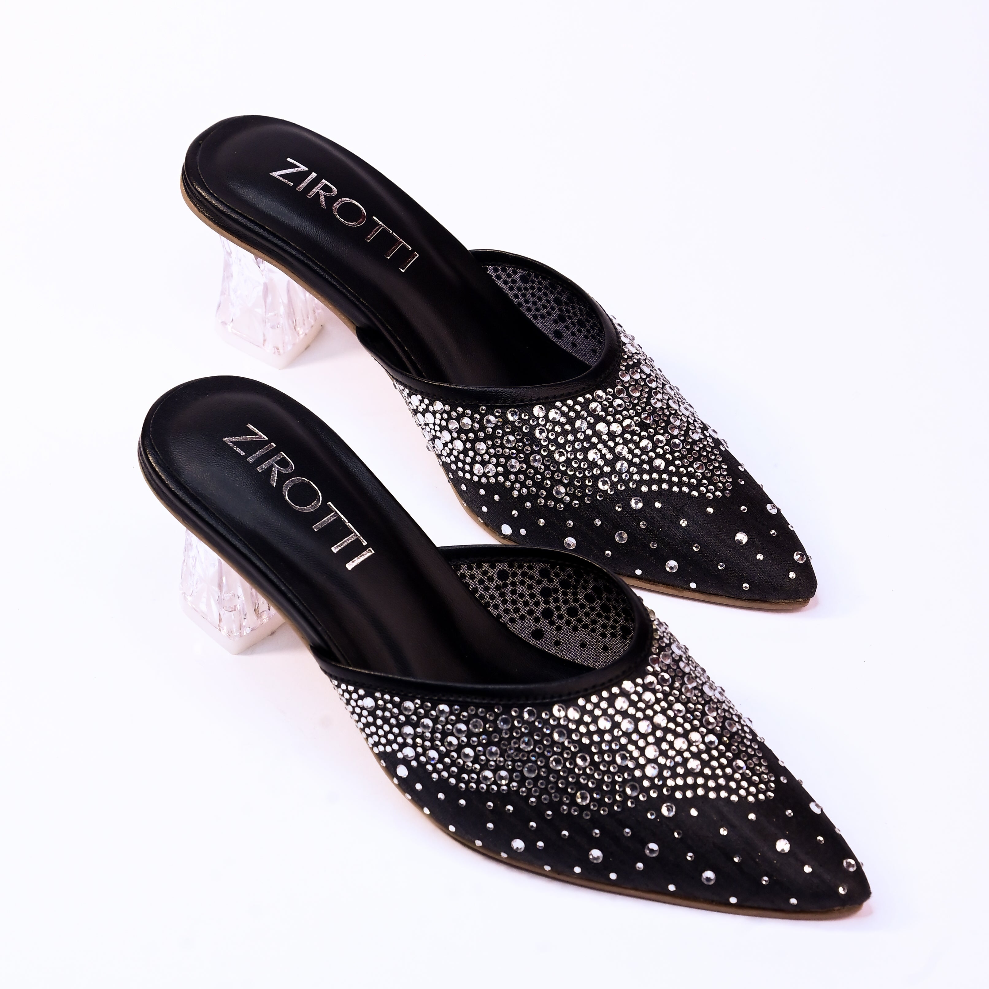 Solin Black women’s heel -black strappy high heel sandal with sparkle top and cushioned insole.