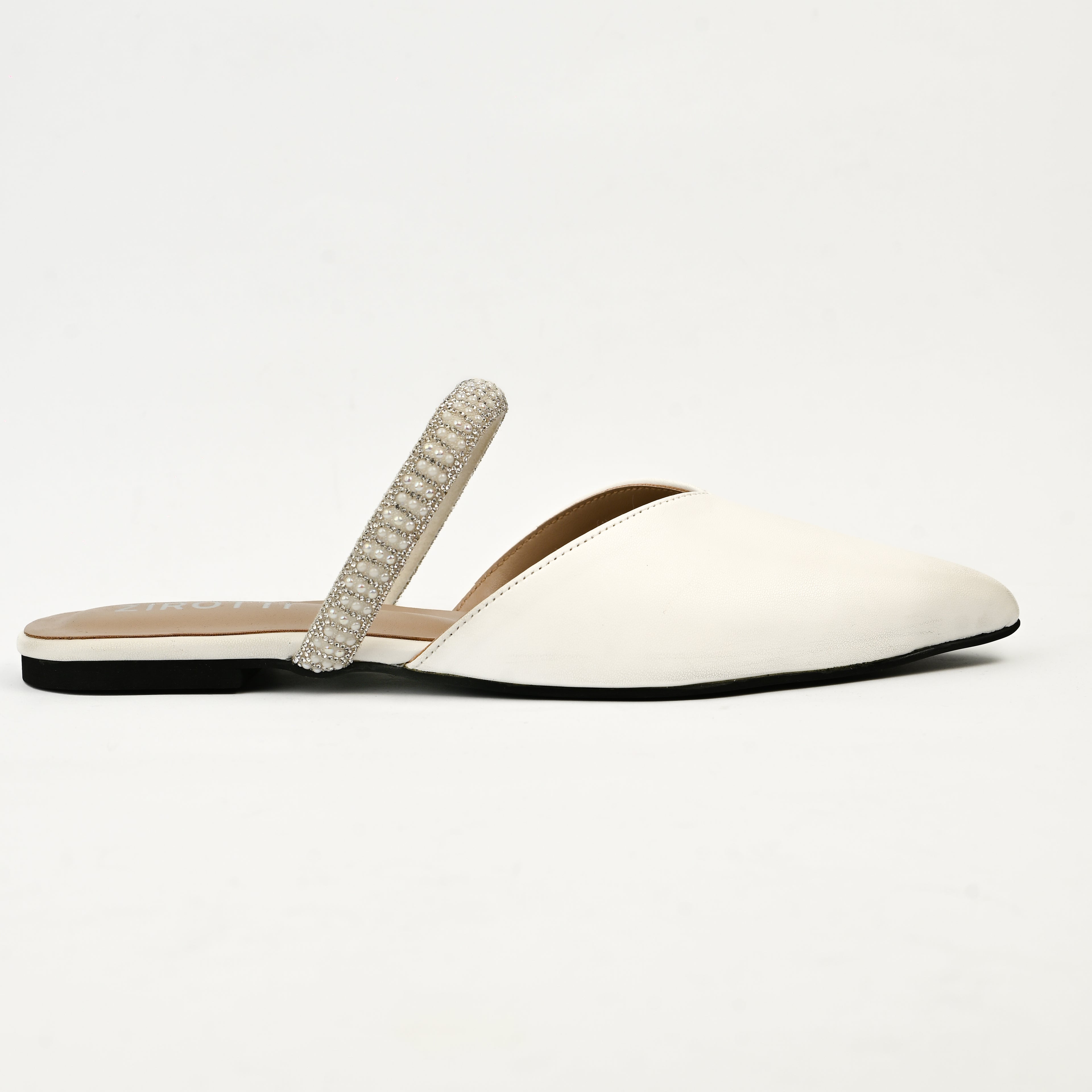 ZIROTTI Zephra women’s white flat shoes with pointed toe, pearl-white mesh front, and cushioned insole