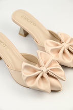 Women’s luxury fawn bow mule heels with soft cushioned insole, lightweight breathable design, and anti-slip sole.