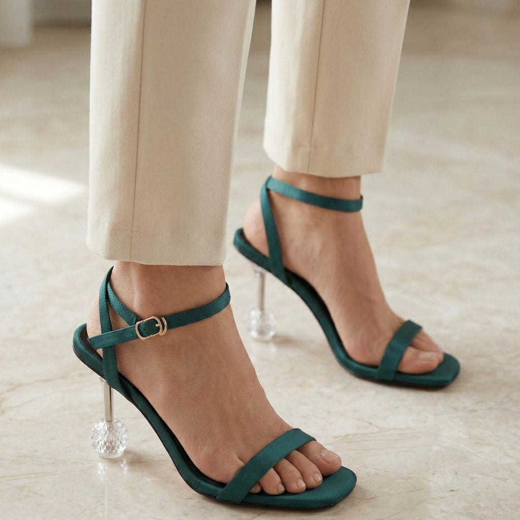 Teal high-heeled sandals worn with beige pants on a light wooden floor.