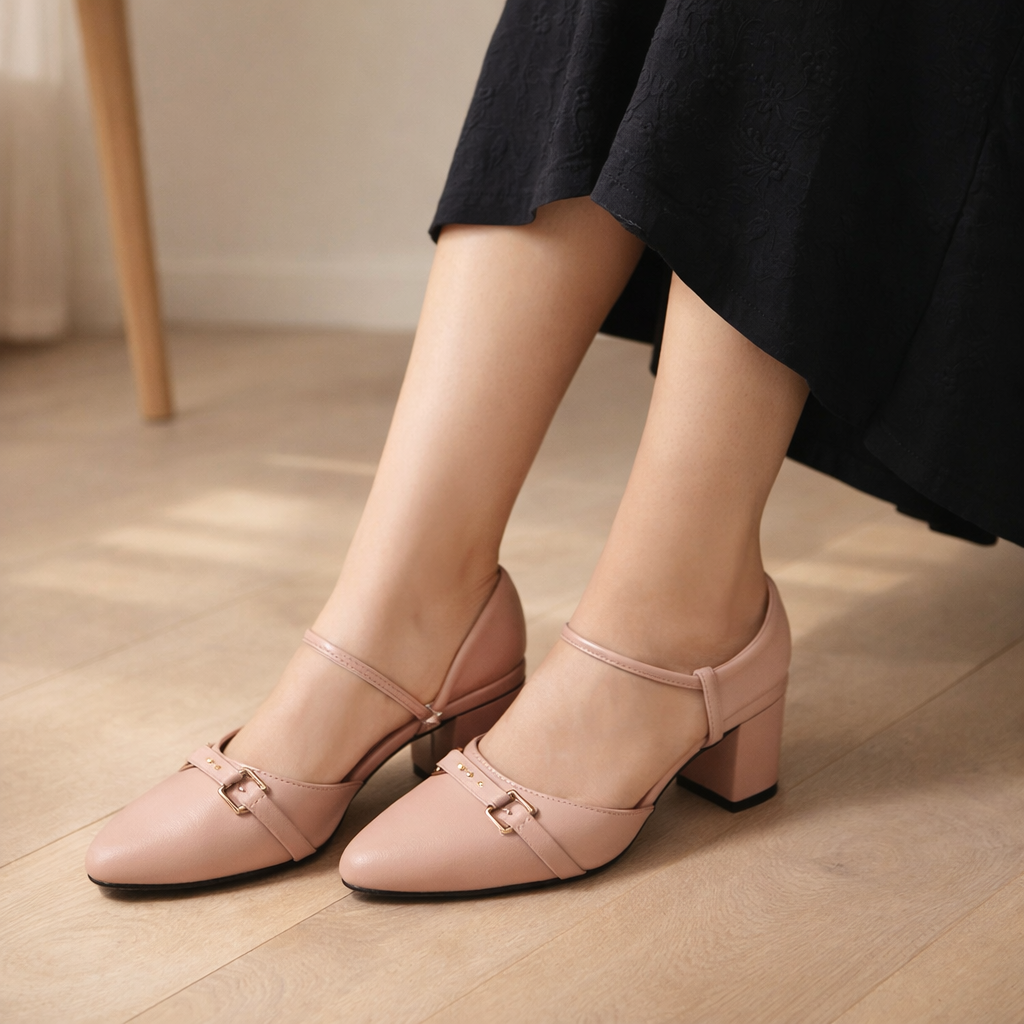 Pink high-heeled shoes worn by a person sitting on a wooden floor.